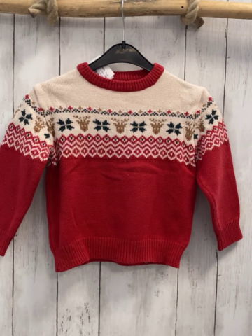 Vertbaudet  Pullover  Gr. 116  weiß rot Strick Muster mit Zackenstreifen + Hirschen 