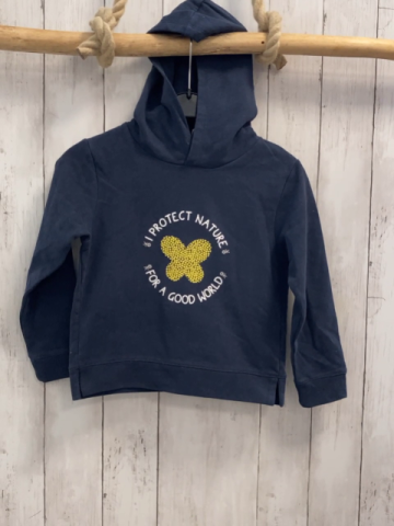 Okaidi Pullover  Gr. 128  blau Kapuze Schmetterling aus gelben Punkten weiße Srift 