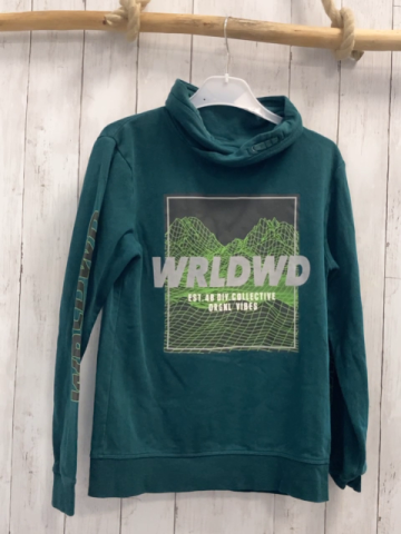   Pullover  Gr. 158/164  grün großer Kragen grau hellgrau hellgrüner Druck mit Schrift 