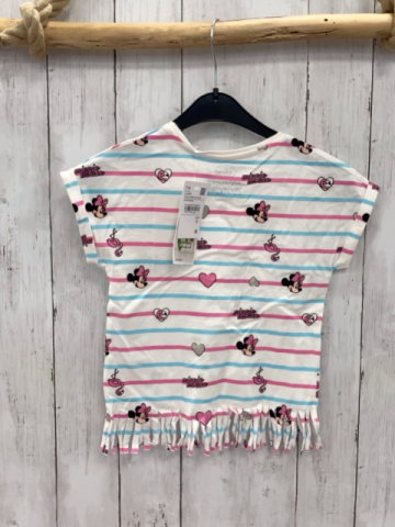 neu  T-Shirt  Gr. 116  weiß pink hellblaue Streifen Minnie Mouse Fransensaum 