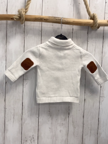 Obaibi Pullover Gr. 68  weiß großer Kragen braune Aufnäher