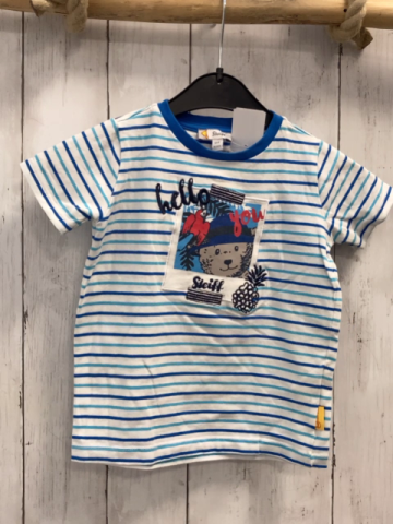 Steiff  T-Shirt  Gr. 92  weiß türkis blaue Strefen Bild mit Bär Schrift 