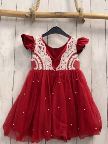   Kleid  Gr. 98  rot Tüllüberrock mit weißen Perlen weiße Stickerei 