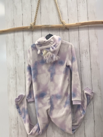 Vertbaudet  Plüschoverall  Gr. 152  weiß flieder hellblau gemustert Kapuze mit Einhorn 