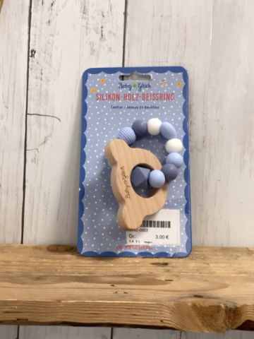 neu  Holzspielzeug Silikon-Holz-Beissring Bärenkopf + hellblau blua weiße Perlen 