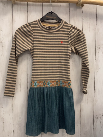 Like Flo  Kleid  Gr. 128  beige grau geripptes Oberteil petrol Faltenrock mit Glitzer Gürtelband mit orange türkis hellblau ocker Rauten  