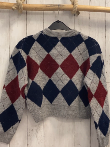 Zara  Pullover  Gr. 152  grau Strick weinrote blaue Rauten 