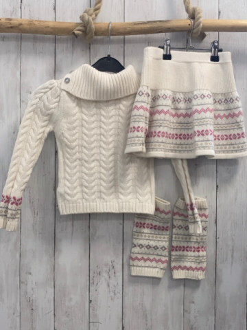 3tlg Lulurain  Pullover Rock + Stulpen  Gr. 104  weiß Strick + rosa beige grau Muster Strick 
