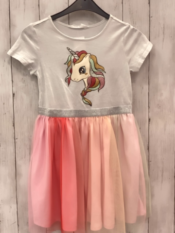 H&M  Kleid  Gr. 122/128  weißes Oberteil mit Einhornkopf silber Glitzergürtelband bunter Tüllüberrock