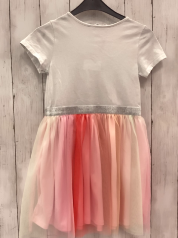 H&M  Kleid  Gr. 122/128  weißes Oberteil mit Einhornkopf silber Glitzergürtelband bunter Tüllüberrock