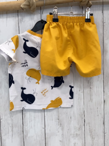 2tlg  T-Shirt + Shorts  Gr. 74   weiß blau gelbe Wale + gelb 