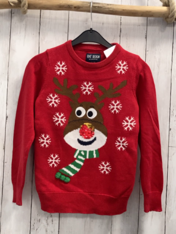   Pullover  Gr. 128  rot Strick Elch mit Pailettennase weiße Schneekristalle 