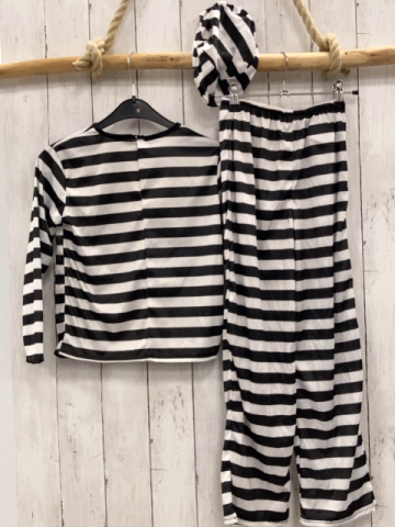 3tlg  Karnevalkostüm Gr. 128  schwarz weiß gestreifter Sträflingsanzug Oberteil Hose Mütze (minimale Gebrauchsspuren)