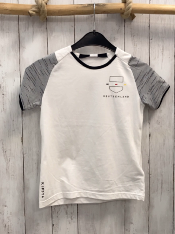   T-Shirt Gr. 134  weiß hellgrau Ärmel mit schwarzen Strichen schwarzer Bund Deutschland 