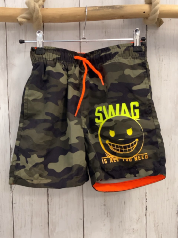   Badeshorts  Gr. 134  schwarz oliv gemustert gelbe Schrift orange Kordel