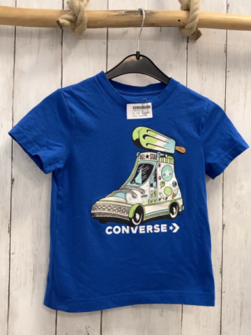 Converse  T-Shirt  Gr. 116  blau Fahrzeug Schuhform Schrift 