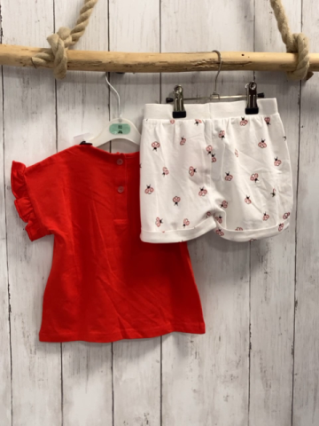 2tlg Sarabanda  T-Shirt + Shorts  Gr. 92  rot weiß Schrift silber Steine Käfer 