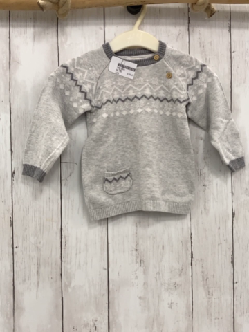   Pullover Gr. 80  hellgrau zweiß graue Zackenstreifen grauer Bund Strick 