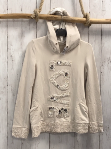   Pullover Gr. M beige Kapuze gesmokter Bund Schrift "Love" mit Stickerei + Perln 