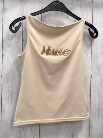 Review  Top  Gr. 158/164  beige silber Pailettenschrift mit goldenem Rand 