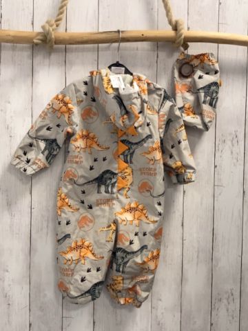 2tlg  Regenoverall + Täschchen Gr. 74  hellgrau bunte Dinos 