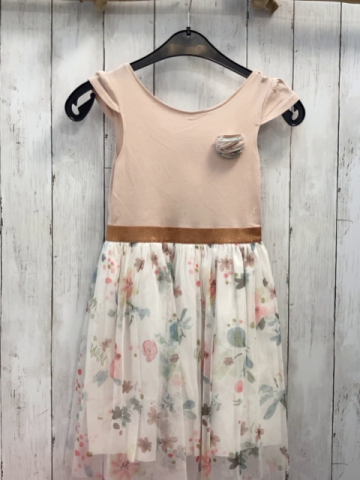 Petit Bateau  Kleid  Gr. 128  rosa Oberteil mit Rosette ewißer Rock mit transparentem Überrock mit Blättern 