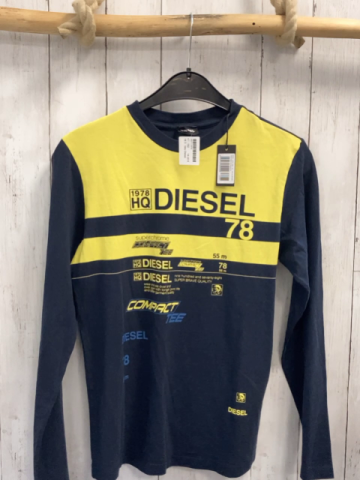 neu Diesel  Langarmshirt Gr. 152  dunkelblau gelbe Balken + blau hellblaue Schrift 