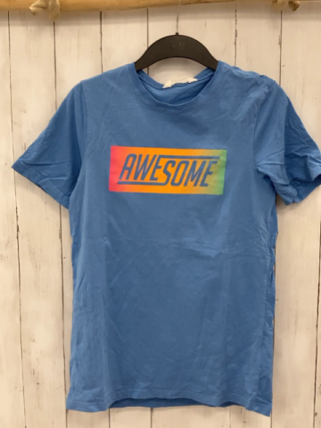 H&M  T-Shirt  Gr. 170  hellblau pink orange hellgrünes Rechteck mit Schrift 