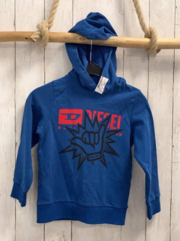 Diesel Pullover  Gr. 116  blau Kapuze schwarze Hand Stern + rote Schrift 