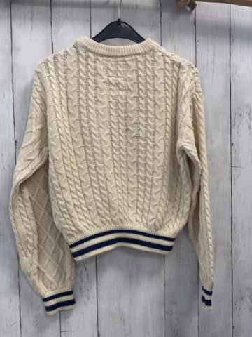 Zara  Pullover  Gr. 146/152  beige Strick Zöpfe blaue "7" + blauer Streifenbund 
