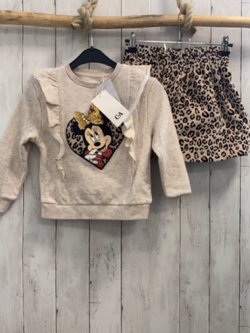 2tlg neu  Pullover + Rock  Gr. 116  beige Herz mit Minnie Mouse + goldener Pailettenschleife + beige schwarz apricot leoprint 