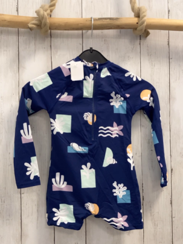   UV-Schutzoverall Gr. 98  blau bunte Quadrate Kreise Rechtecke weiß Blumen 