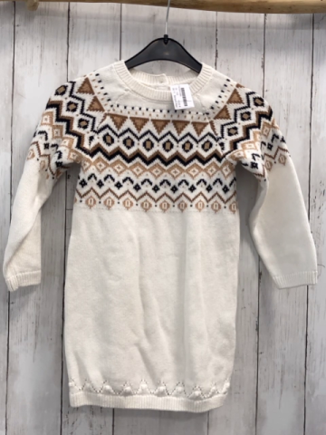 Sergent Major  Kleid  Gr. 110  weiß + braun schwarz ocker Muster mit Zackenstreifn Strick 