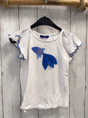 Okaidi  T-Shirt  Gr. 116  weiß blauer Fische Rüschenärmel mit blauem Rand 
