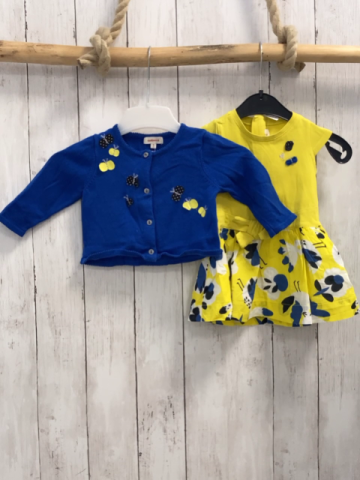 2tlg Catimini  Strickjacke + Kleid  Gr. 74  blau + gelb mit Schmetterlingen Blumen 