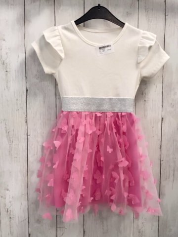   Kleid  Gr. 110  weißes geripptes Oberteil silber Glitzergürtelband pink Rock mit Tüllüberrock + pink Schmetterlingen 