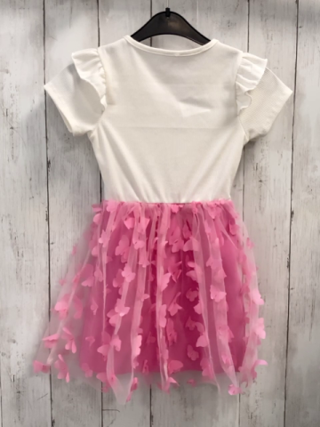   Kleid  Gr. 110  weißes geripptes Oberteil silber Glitzergürtelband pink Rock mit Tüllüberrock + pink Schmetterlingen 