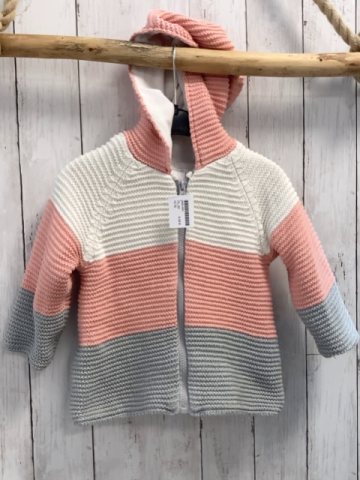   Strickjacke  Gr. 92  rosa weiß graue Streifen Kapuze Fleecefutter 