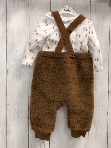 2tlg  Langarmshirt + Latzhose  Gr. 68  weiß braune Tannen + braun Teddy mit Bärengesicht 
