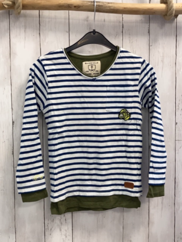 Basefield  Pullover  Gr. 116  weiß blaue Streifen oliv Saum 