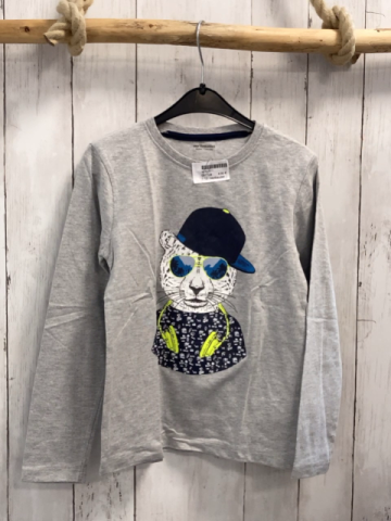 Vertbaudet  Langarmshirt  Gr. 128  hellgrau Leopard mit Kappe Brille + Kopfhörern 