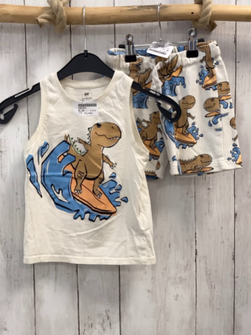 2tlg H&M  Top + Shorts  Gr. 98  weiß Dinos auf Surfbrettern blaue Wellen