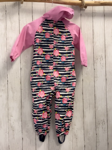   Regenoverall Gr. 92  schwarz weiße Streifen Bumen rosa Ärmel + Kapuze 