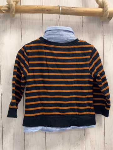   Pullover  Gr. 92  schwarz ocker Streifen hellblauer Hemdkragen Schrift 