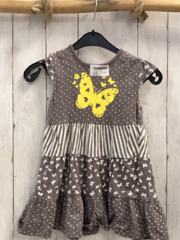  Kleid  Gr. 98  grau weiße Punkte Streifen + Schmetterlinge + gelber Schmetterling 