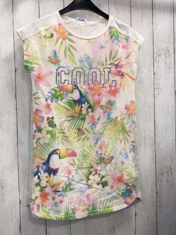 mayoral  Kleid  Gr. 152  creme Blumen Vogel Schmetterling Schrift mit silbernen Steinen 