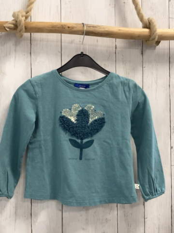 Okaidi Langarmshirt  Gr. 110  petrol  Blume mit Rosetten + Pailetten