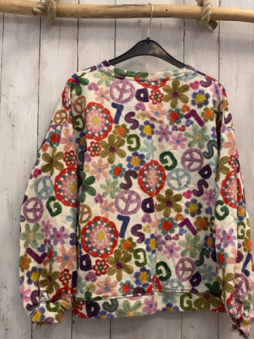 Desigual  Pullover  Gr. 158  creme bunte Blumen Herzen Deckchen in Häkeloptik 