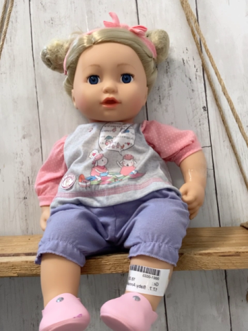 Baby Annabelle  Puppe  Sofia mit grau flieder Overall rosa Schuhe Haarschleife 