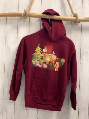   Pullover  Gr. 146/152  weinrot Kapuze Figuren vor Kamin mit Weihnachtsbaum 